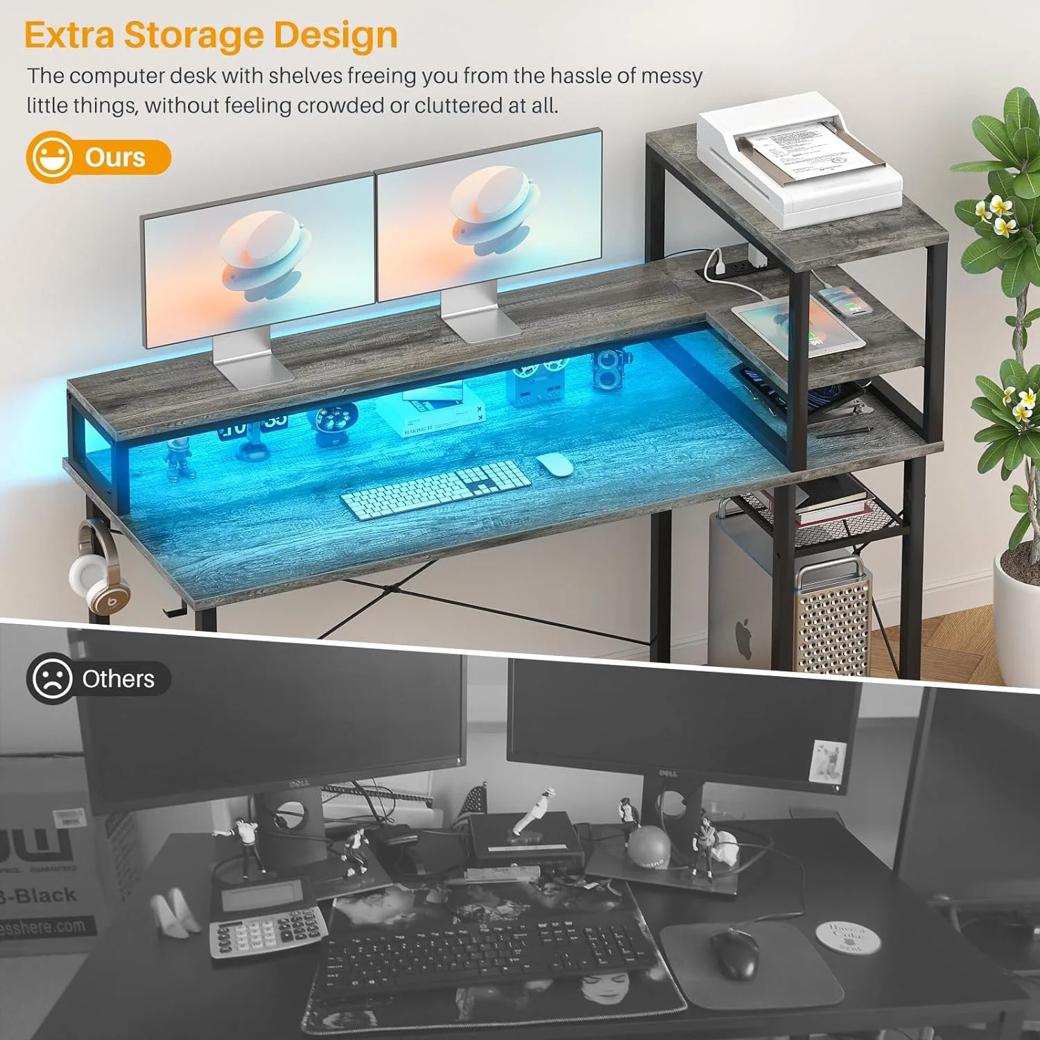 Homieasy Computer Desk with Power Outlet and USB Ports, 47 inch Ergonomic Gaming Desk with LED Strip and Monitor Stand