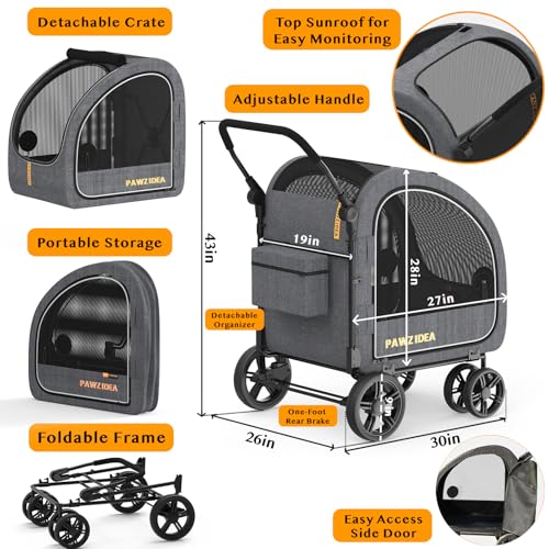 PAWZIDEA Dog Stroller for Large Dogs, Pet Stroller with Detachable Carrier for Portable Dog Crate for Car Seat, Foldable Dogs Jogger Strollers