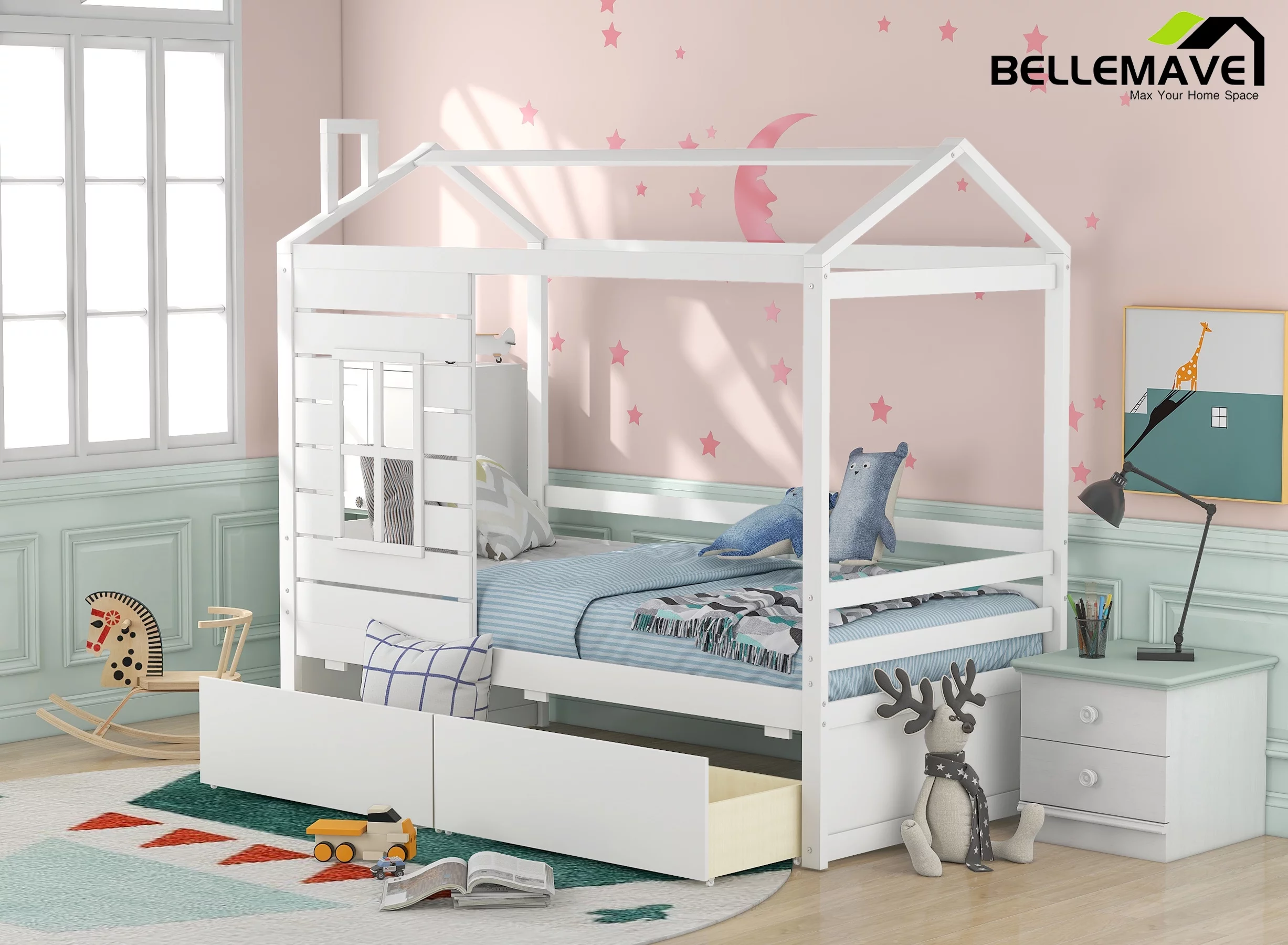 Bellemave Twin Size House Bed with Drawers Kids Bed with Storage Wooden Bed Frame with Guard Rails Twin Kids Bed Frame for Boys, Girls, White