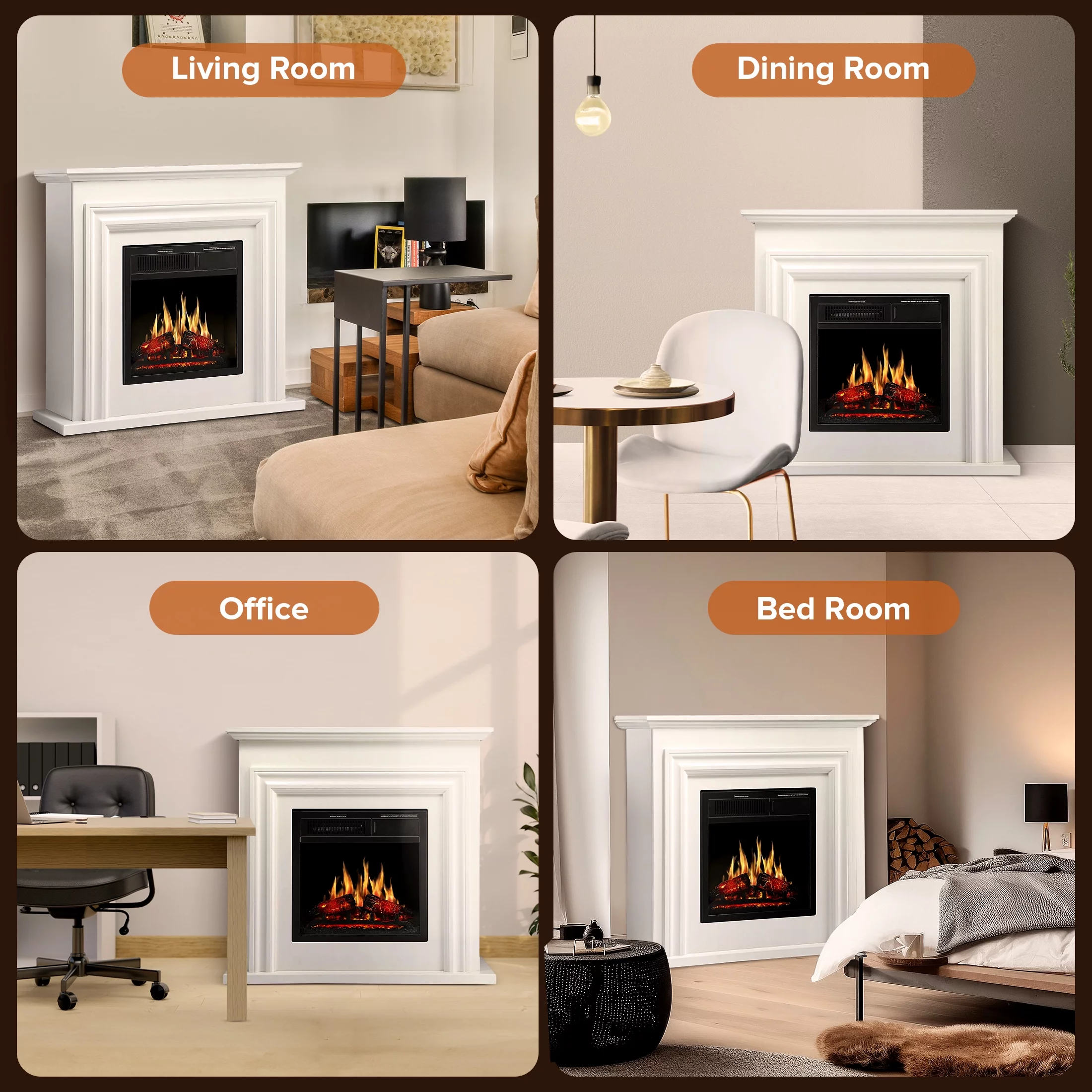 Auseo 36" Freestanding Electric Fireplace with Wood, White Mantel, Remote Control, For Rooms up to 400 Sq.Ft. Adjustable LED Flame & Heating Settings