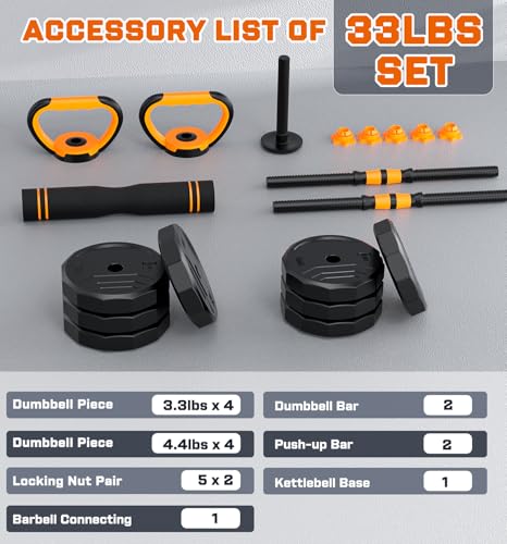 5-in-1 Adjustable Dumbbell Set, 33/44/66/88lbs Free Weights Set with Connector, Used as Kettlebells, Barbell, Push up Stand, Standard 1" Plates