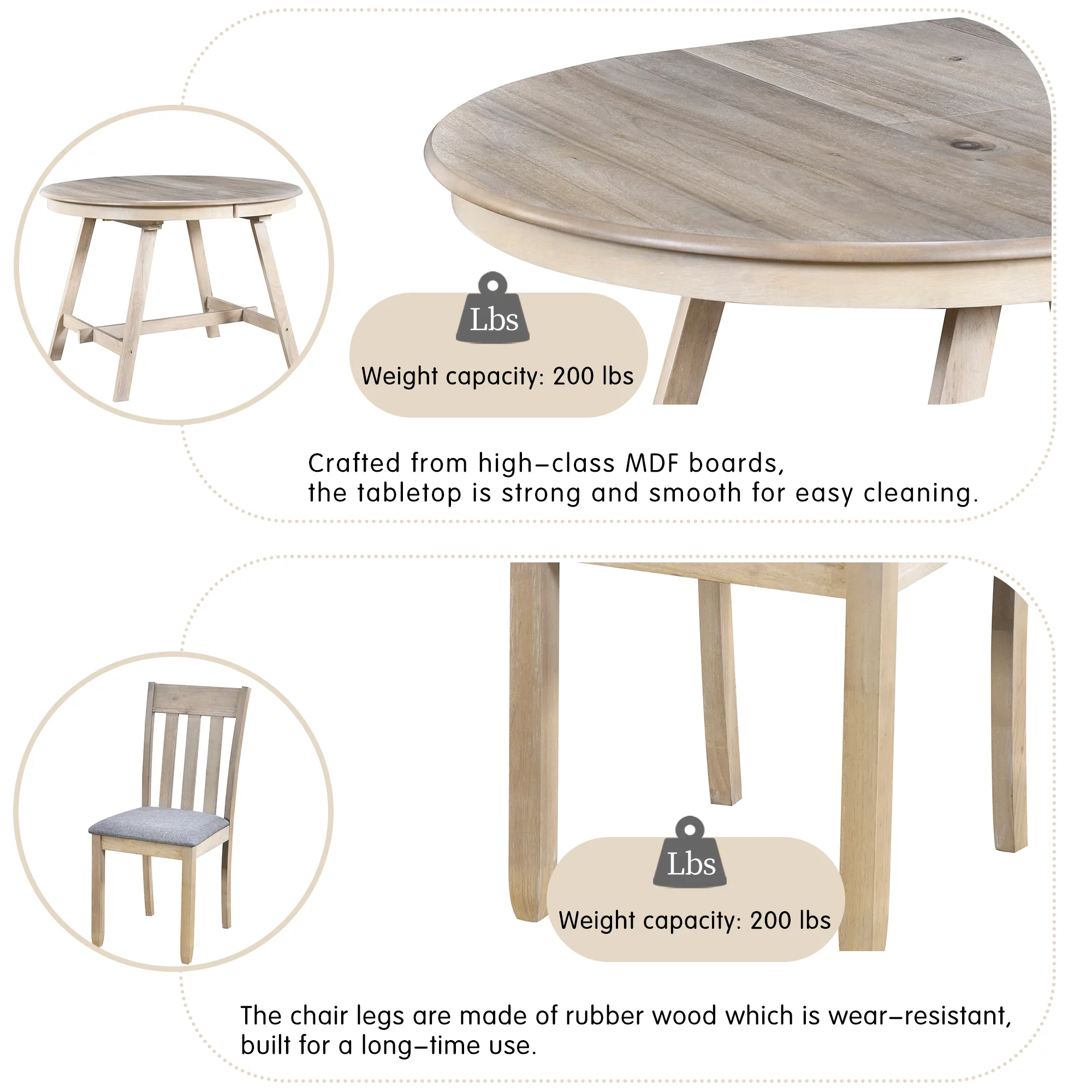 Besthome 5-Piece Wood Dining Table Set Round Extendable Dining Table with 4 Dining Chairs