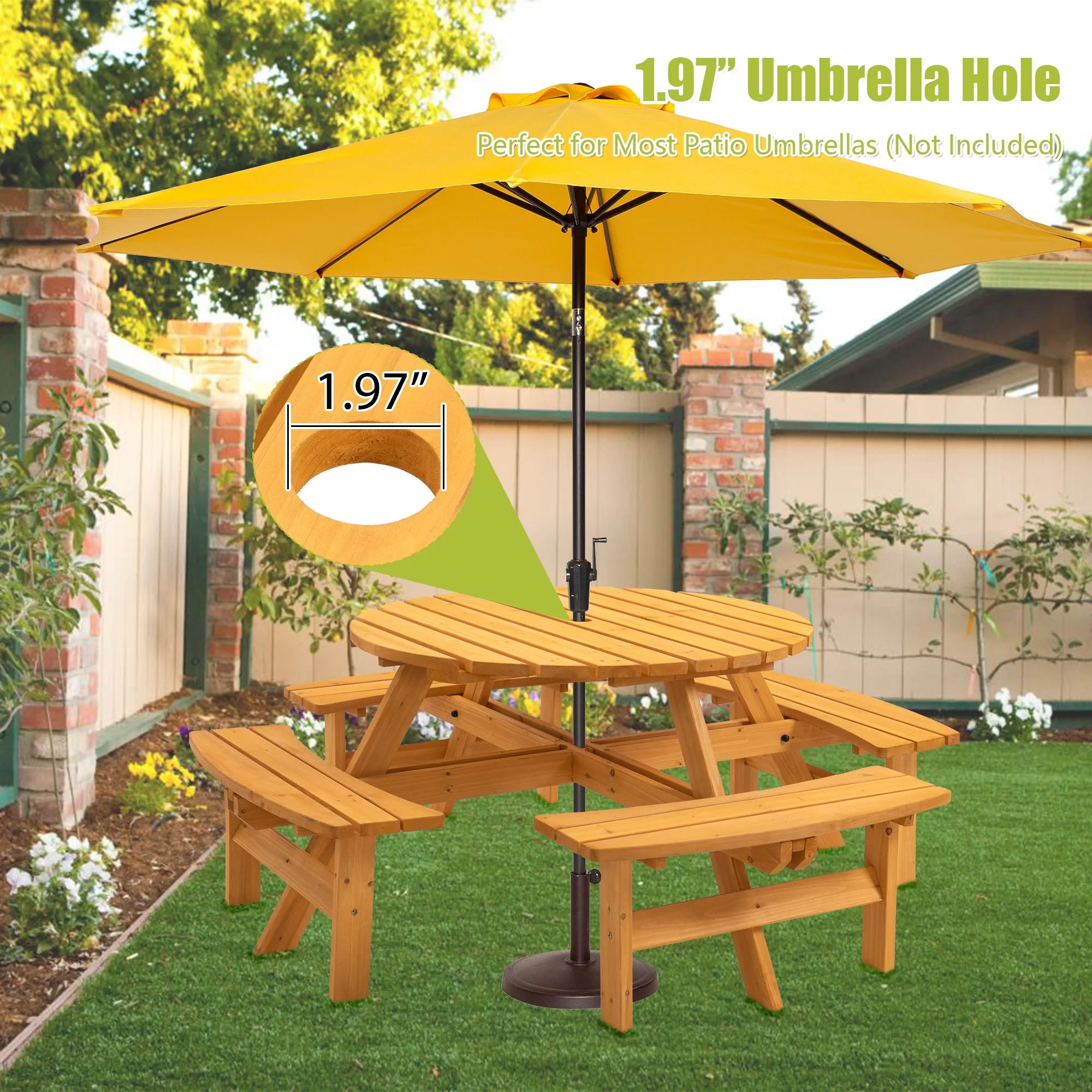 Outdoor 8-Person Circular Wooden Picnic Table w/ 4 Built-in Benches 2220lb Capacity for Garden, Patio, Backyard - Natural