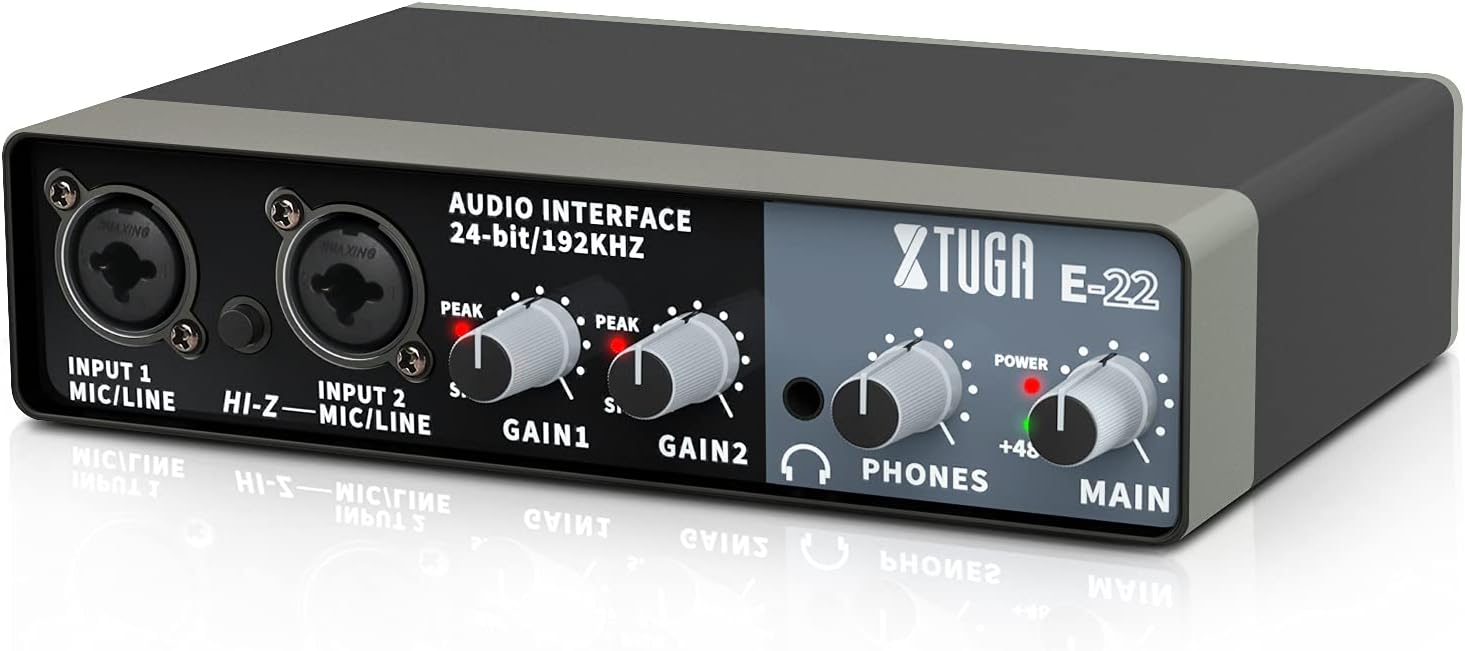 XTUGA E22 2i2 USB Audio Interface with XLR Mic Preamplifier 192kHz True Stereo for Pro Tools/Ableton Live Lite/Reaper and Other DAW Recording