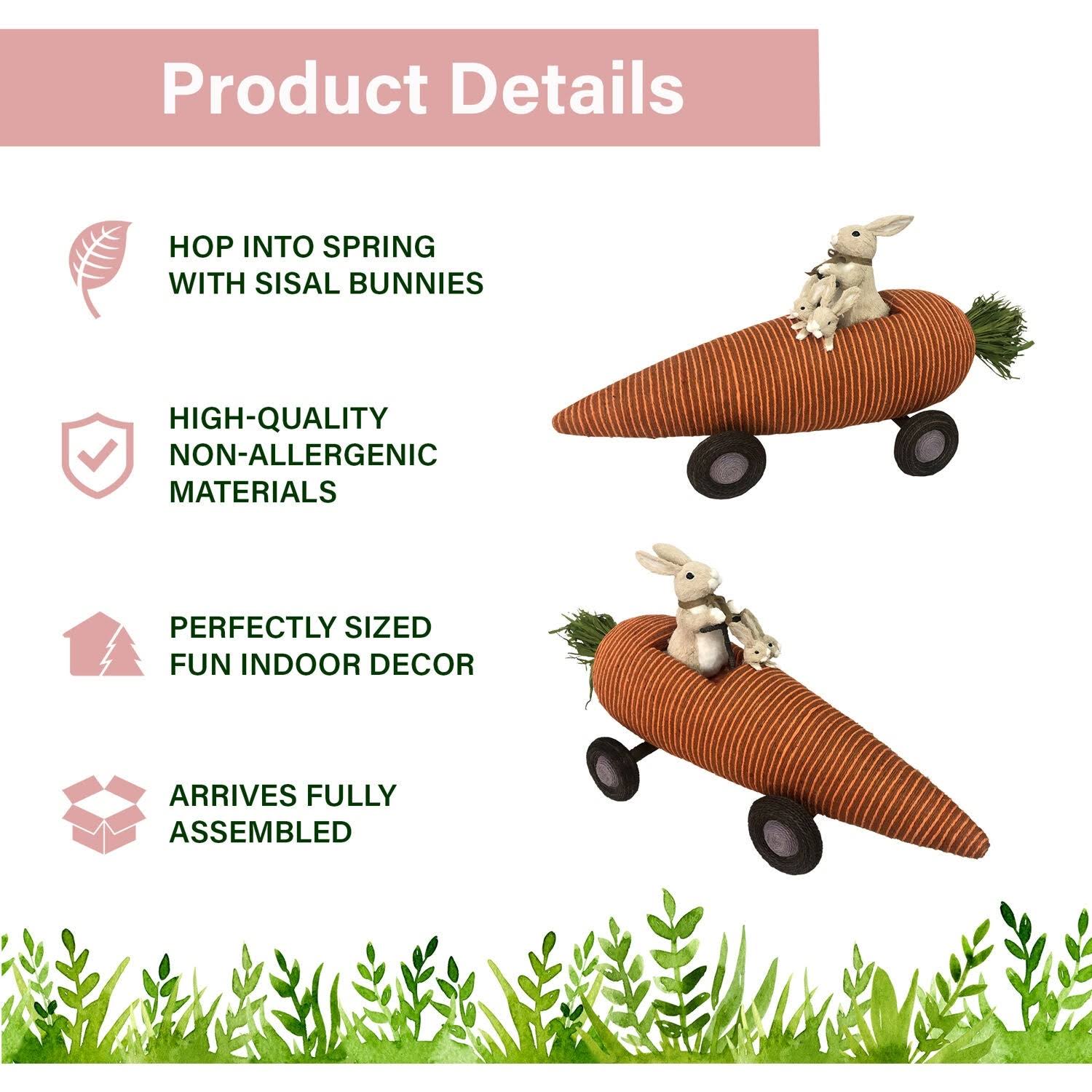 Fraser Hill Farm 29-In. Wide Sisal Carrot Car with Bunnies, Cute Easter Rabbit Figurine, Spring Decoration