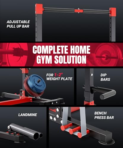 YOLEO Squat Rack with Adjustable Pull-Up Bar & Extended Safety Arms, Multi-Functional Power Racks Squat Stand for Home Gym, Garage & Basement