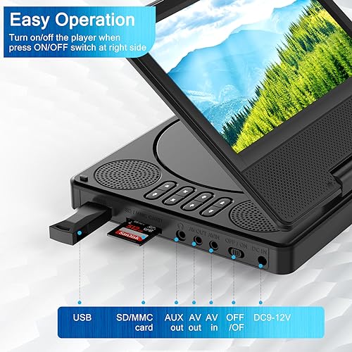 9.5" Portable DVD Player with 7.5" Swivel Display Screen, 5-Hour Built-in Rechargeable Battery, Car DVD Player