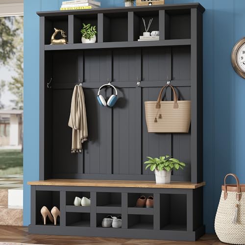 LUMISOL Wide Entryway Hall Tree with Storage Bench, 78''H Entryway Shoe Cabinet with Cube Storage