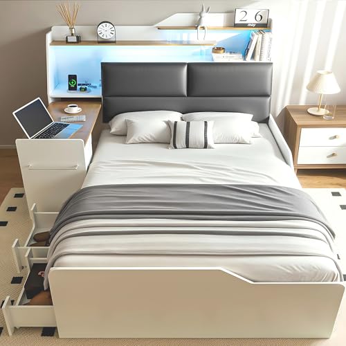 Full Platform Bed Frame with Foldable Desk, Daybed with Storage Headboard, Bookcase, 4 Drawers, LED Light & Charging Station, No Box Spring Needed