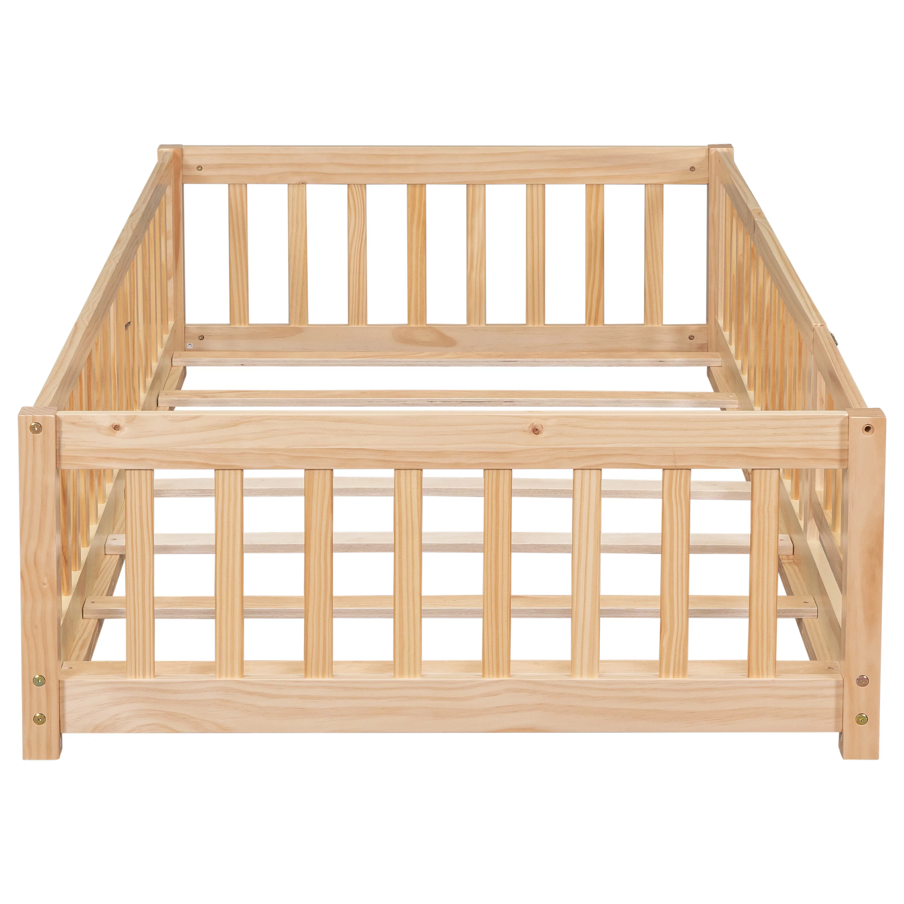 PAPROOS Twin Floor Bed Frame for Toddler, Wood Platform Bed with Wooden Slats, Fence and Door