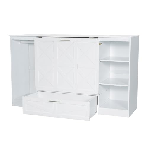 Harper & Bright Designs Full Size Murphy Bed Cabinet Wall Bed, Solid Pine Murphy Bed Chest with USB Ports
