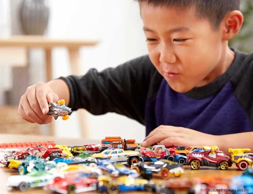 Hot Wheels Toy Car Playset with Lights, Sounds & 6 1:64 Scale Vehicles, Super 6-Lane Raceway, 8-foot Track that Rolls Up for Storage