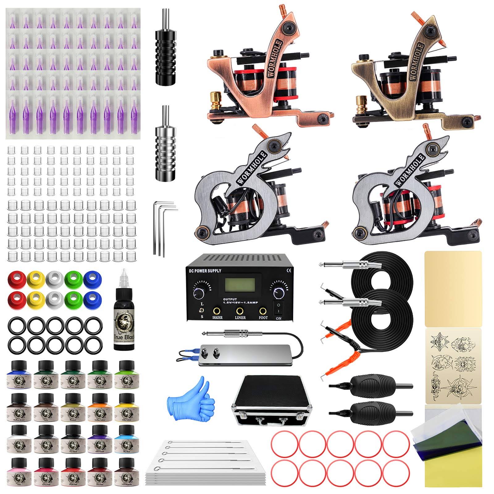 Wormhole Tattoo Complete Tattoo Kit with Case Tattoo Power Supply Kit 20 Tattoo Inks 50 Tattoo Needles 4 Pro Tattoo Machine Kit
