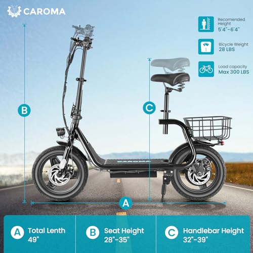 Caroma Peak 500W/800w/1200w Electric Scooters for Adults 14" Tire, 48V Battery, 30Miles Range, 20MPH Top Speed, Adjustable Electric Scooter with Seat