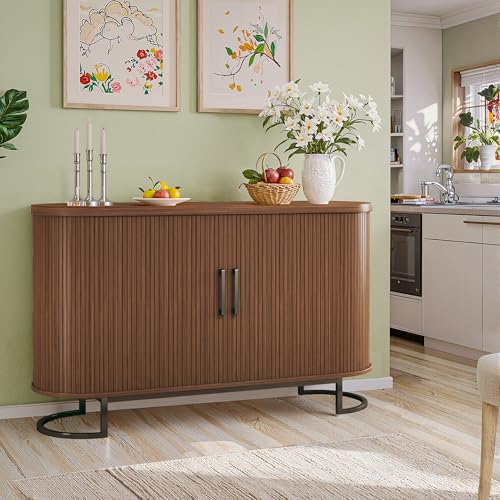Sideboard Buffet Cabinet with Storage, 54.3" Fluted Tambour, Adjustable Shelves, Mid Century Modern Console for Living Room Kitchen Walnut