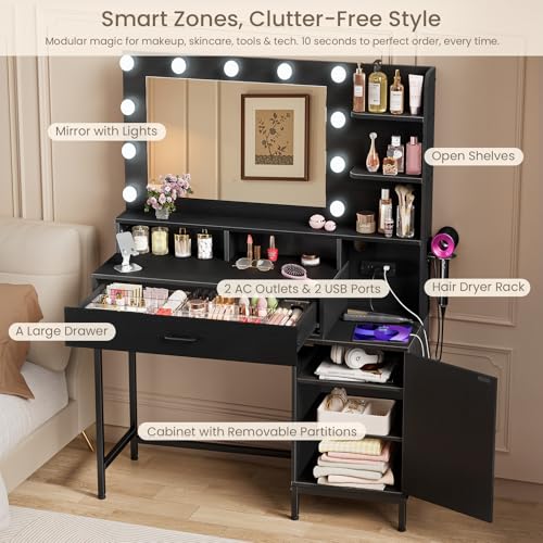 Vanity Desk with Mirror and Lights, Makeup Vanity with Storage Drawer, Power Outlet and Large Cabinet for Bedroom - White