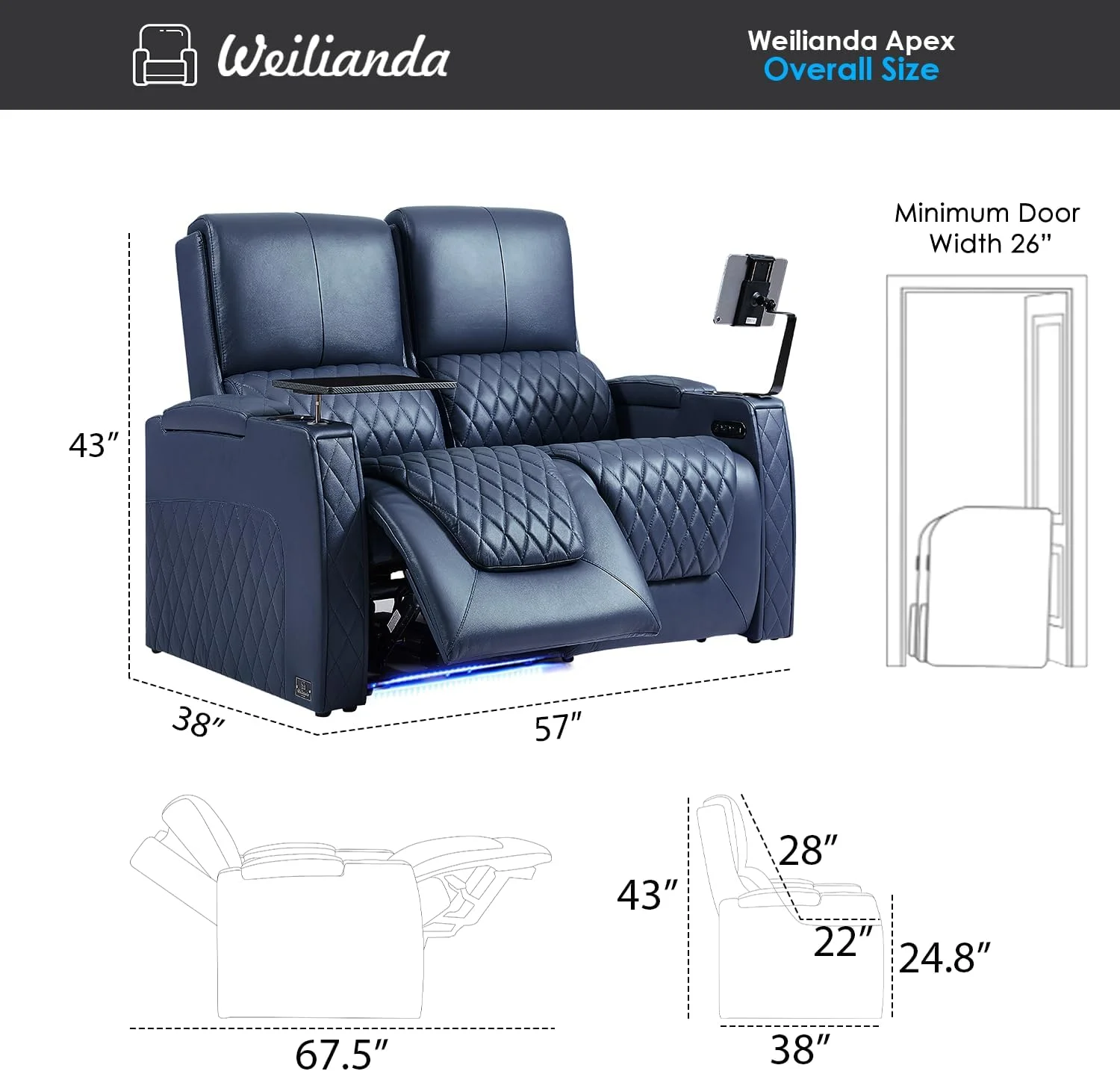 Weilianda Astronaut Zero Gravity Home Theater Seating Top Grain Leather Recliner Sofa Power Headrest Footrest with Carbon Fiber Tray Table