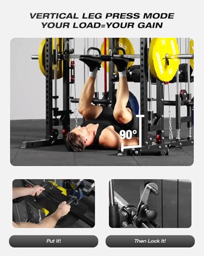 Mikolo Smith Machine, Multi-Function Power Cage with Dual Pulley System, Vertical Leg Press Attachment
