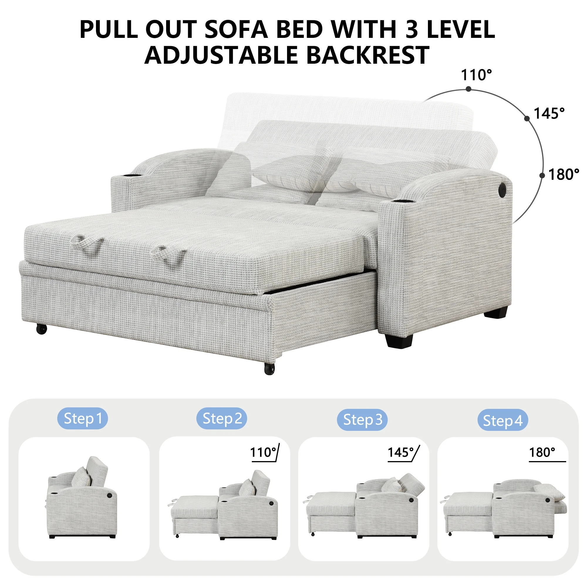 65" Pull Out Sofa Bed Modern Chenille Convertible Loveseat Sofa with Adjsutable Backrest, 2 Pillows, Cup Holders, USB Ports for Living Room