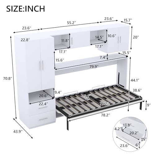 Queen Size Farmhouse Murphy Bed Cabinet with Charging Station, Foldable Platform Bed Frame with 2 Storage Drawers