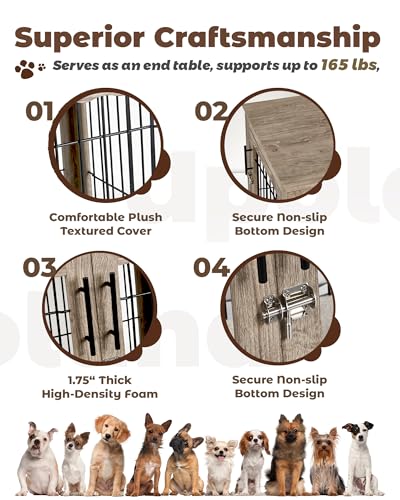 Dog Crate Furniture, 32 inch Medium Dog Crates with Bed Mat, Wooden Dog Kennel Furniture, End Side Table Dog Cage with 3 Doors, Greige