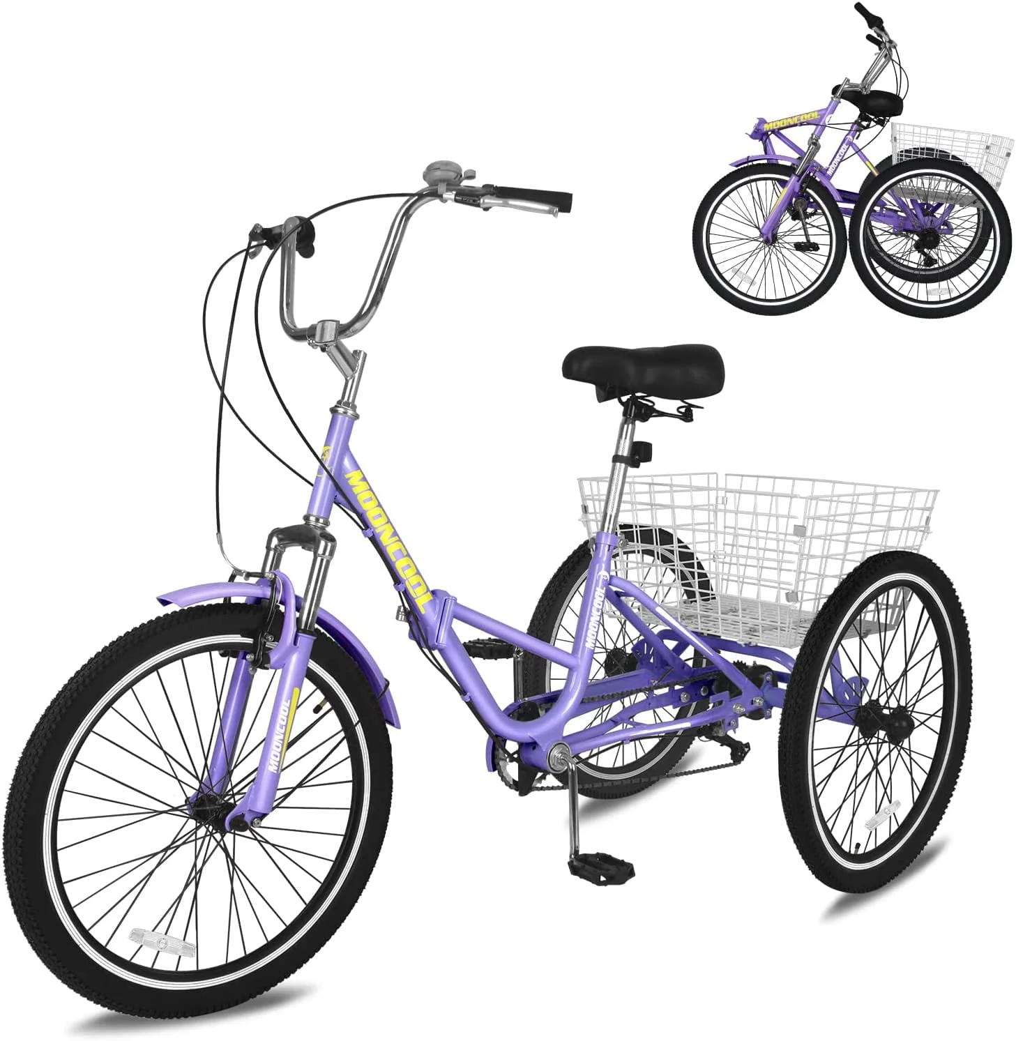 MOONCOOL Adult Folding Tricycle for Adults, 7 Speed 20/24/26 inch 3 Wheels Bikes with Basket, Foldable Tricycle for Adults, Women, Men, Seniors