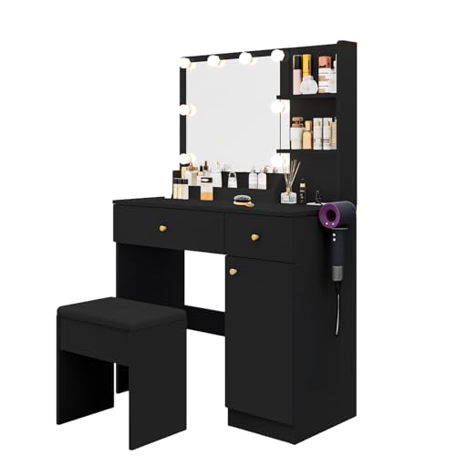 Vanity Desk with Mirror and Lights Dimmable LED Makeup Table with Drawers Side Cabinet 3 Storage Shelves Power Outlet Dressing Table Set Include