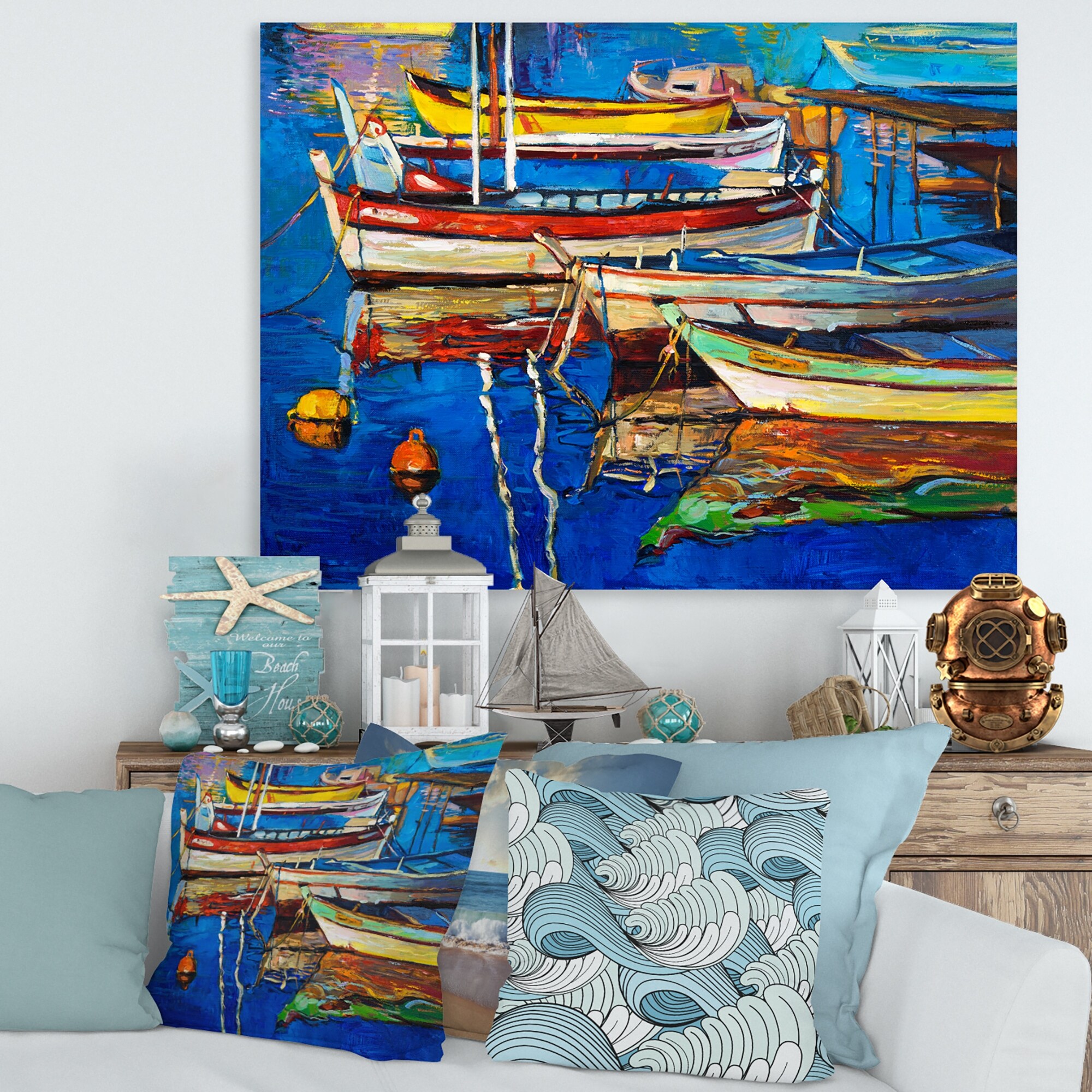 DESIGN ART Designart "Boats Resting On The Water Near Coastal Town II" Nautical & Coastal Canvas Wall Art Print 12 in. wide x 8 in. high