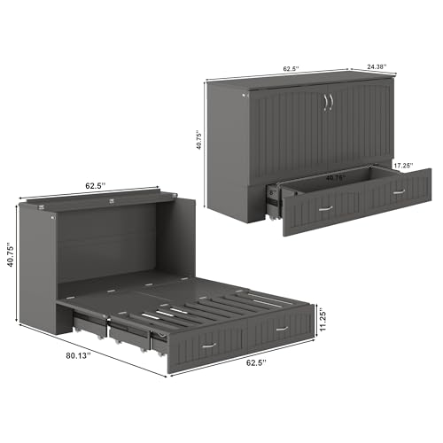 AFI Southampton Queen Murphy Bed Chest with Mattress, Storage, and Built-in Charger in Grey