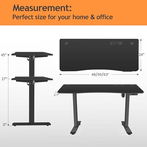 Electric Standing Adjustable Height Desk 55'' x 24''Sit Stand Desk with Charging Station, 2 USB Ports, 3 Power Outlets, 4 Caster
