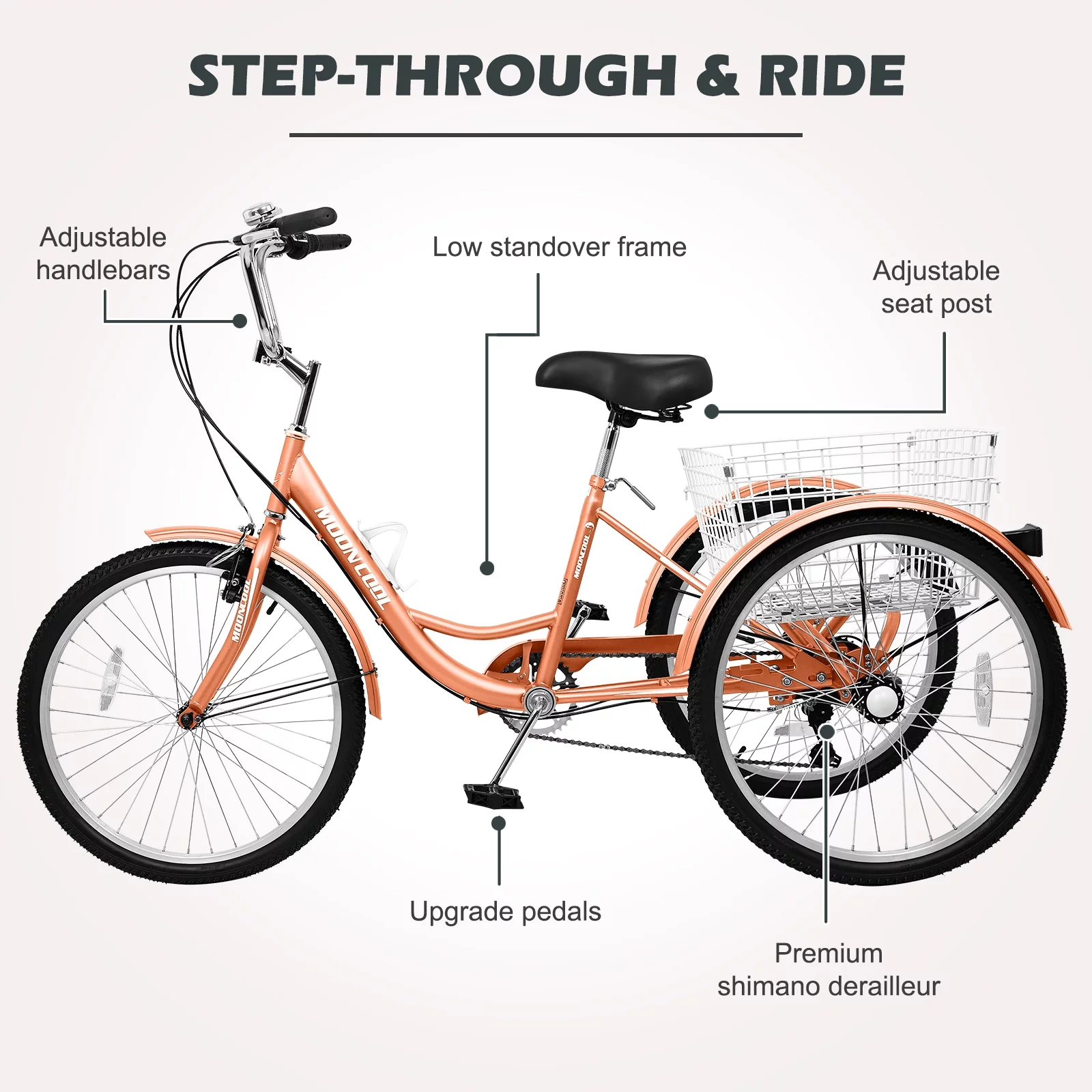 Lilypelle 24" Adult Tricycle 7-Speed ,3 Wheel Bicycles with Baskets,Adult Trike 350 Weight Capacity for Senior,Orange