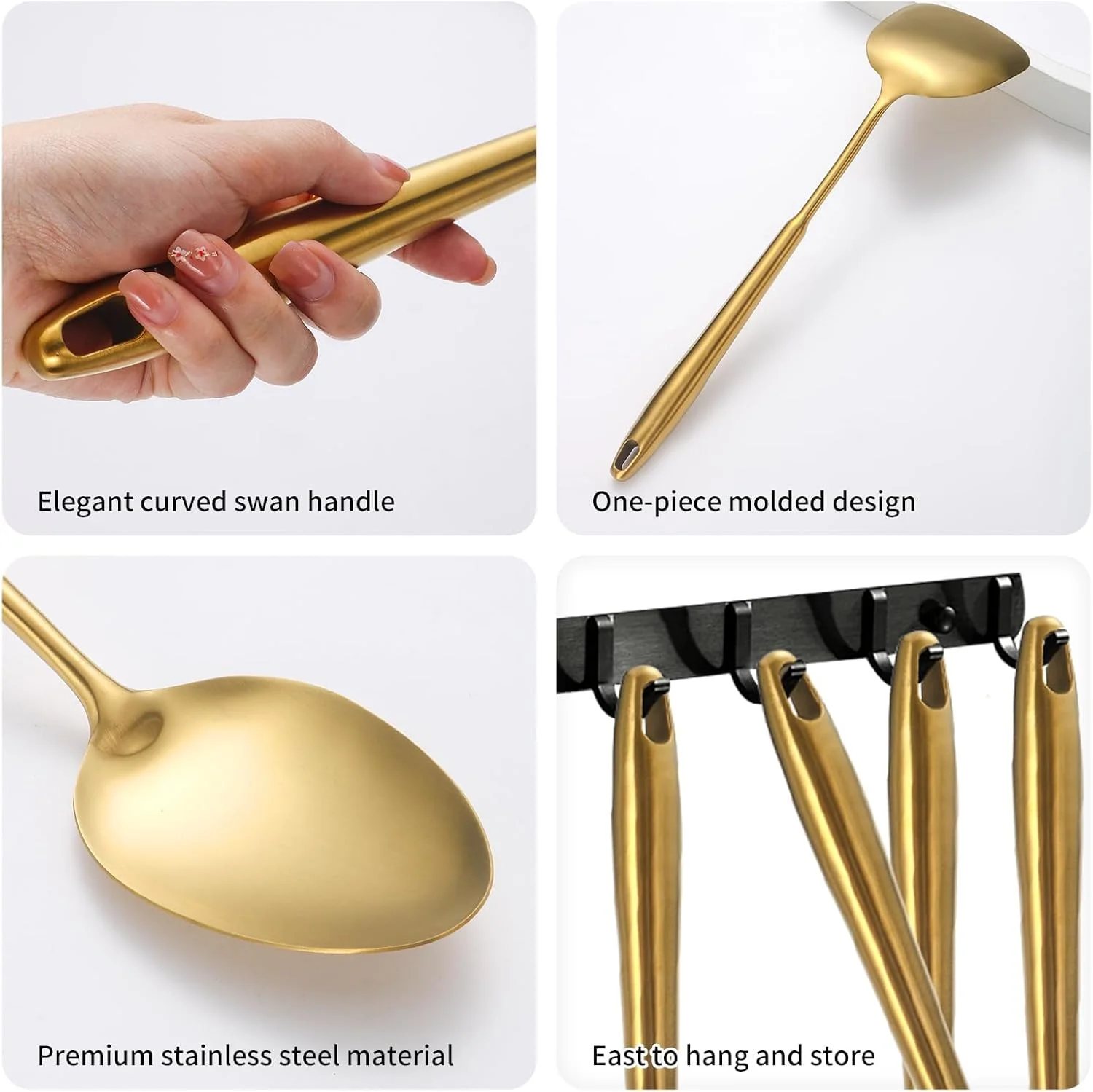 304 Stainless Steel Cooking Utensils,6 Pcs Kitchen Cooking Utensils Set with Spatula, Solid Spoon, Ladle, Skimmer, Spaghetti Spoon