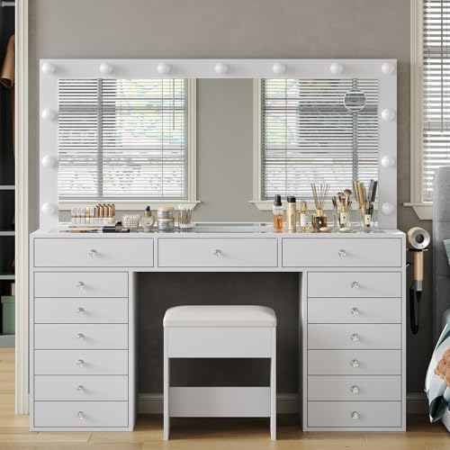 55" W Vanity Desk, Makeup Vanity with Charging Station, 15 Drawers with Lighted Mirror, 3 Lighting Modes, Brightness Adjustable, Glass Top