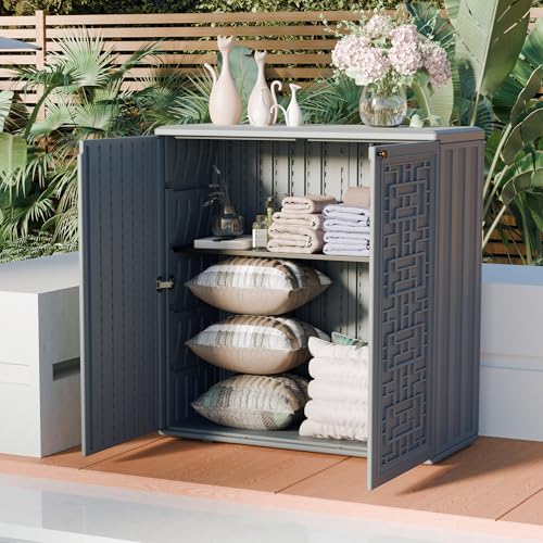 Outdoor Storage Cabinet Waterproof with Shelf,Resin Storage Sheds Outdoor Cabinets for tub towels/chemicals/grill items/Patio/Garden/Backyard