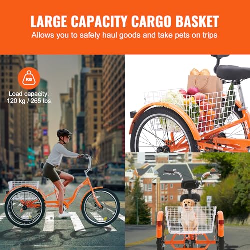 VEVOR Adult Tricycles Bike, 24 Inch Three-Wheeled Bicycles, 3 Wheel Bikes Trikes, Aluminum Alloy Cruiser Bike with Basket & Adjustable Seat