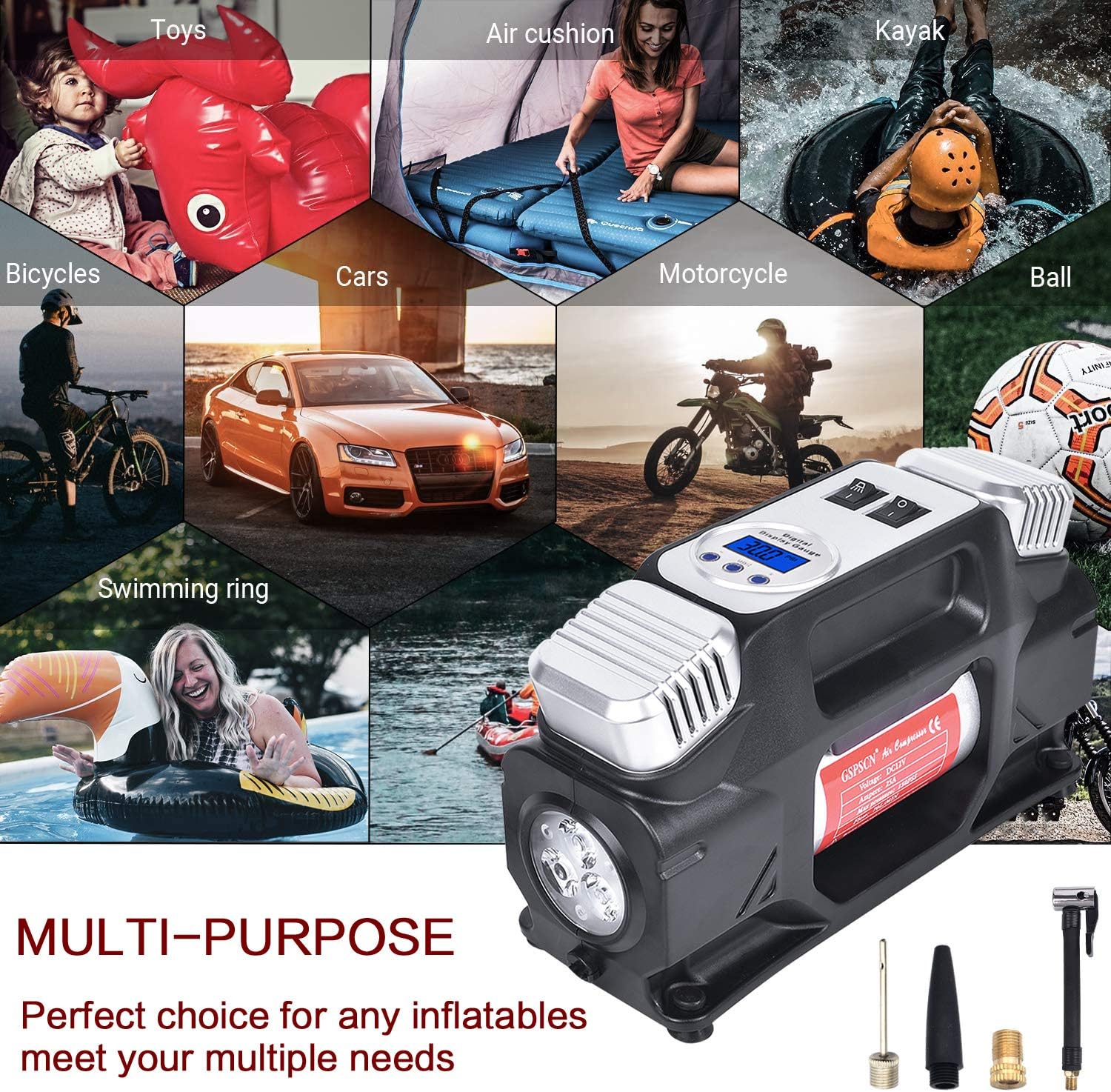 GSPSCN Portable Digital Tire Inflator,Heavy Duty Dual Cylinders 12V Auto Air Compressor Pump 150PSI with Warning Triangle