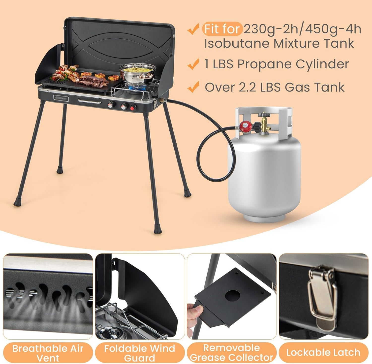 HAPPYGRILL 2-Burner Propane Camping Stove, Portable Gas Grill Cooker with Removable Leg Stand, Roast Grill, Dual Control Knobs, Wind Guards