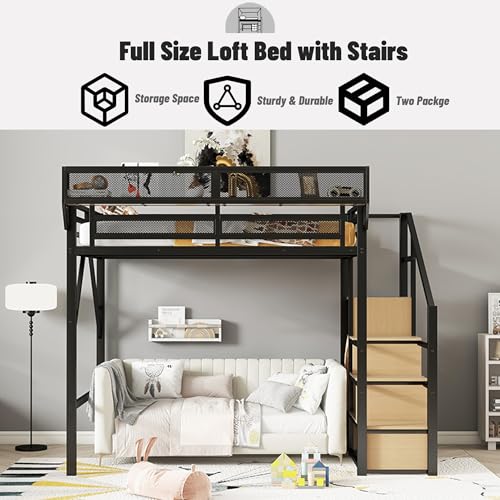 Full Size Loft Bed with Desk and Stairs, Heavy-Duty Steel Loft Bed Frame with Wardrobe & LED Light