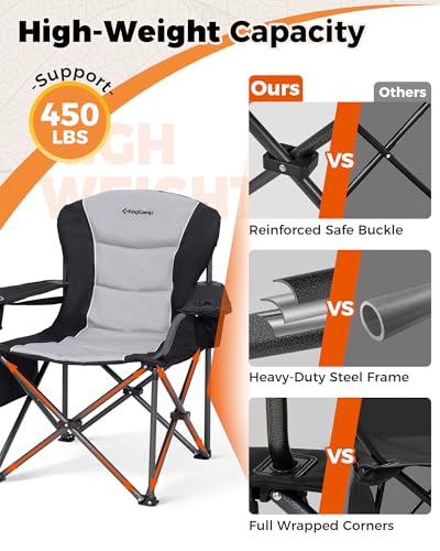 KingCamp Oversized Camping Folding Chair, Heavy Duty 450 LBS with Lumbar Support, Padded Outdoor Chair with Cup Holder