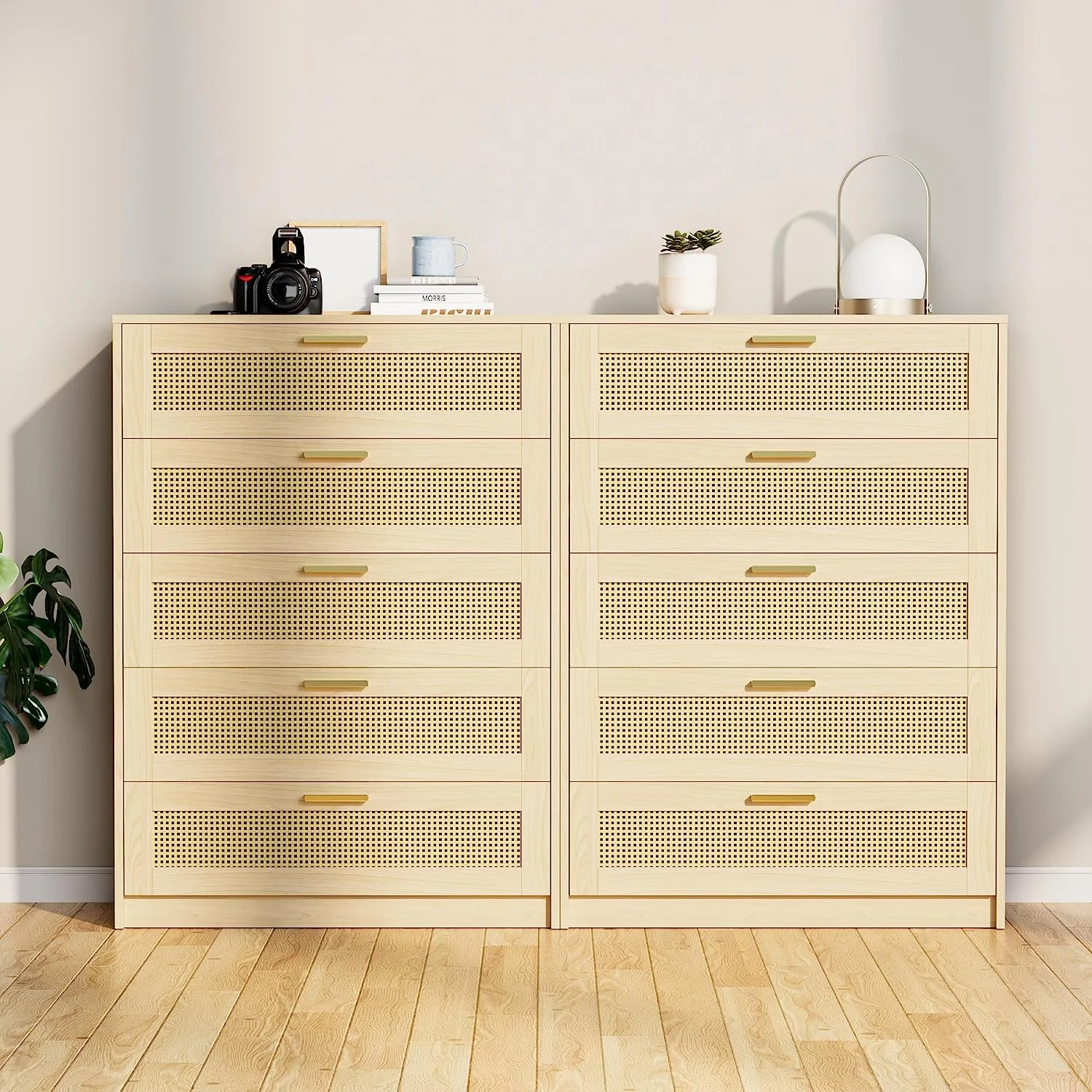 Cozy Castle Rattan 5 Drawer Dresser for Bedroom, Modern Boho Dresser for Bedroom, Wooden Chest of Drawers with Metal Handles, Oak
