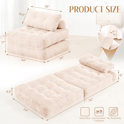 HABUTWAY Folding Sofa Bed, Convertible Sleeper Chair Bed w/Dual-Pillow & Handle, Foldable Floor Sofa Lounge w/Back Support for Living Room, Bedroom
