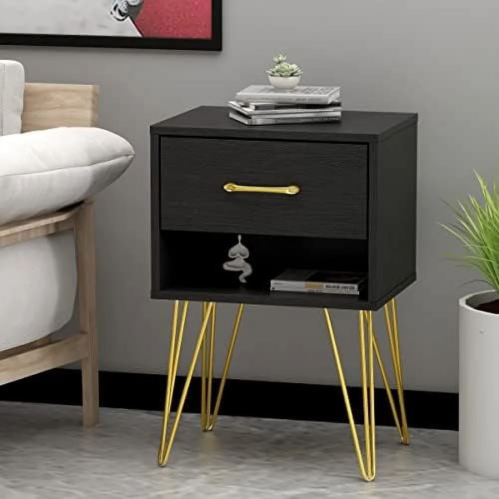 HOOMHIBIU Black Nightstand Set of 2  Wooden End Table Set with Drawer &amp;   Bed Side Table with Gold Metal Legs for Bedroom Small Space  (15.7"