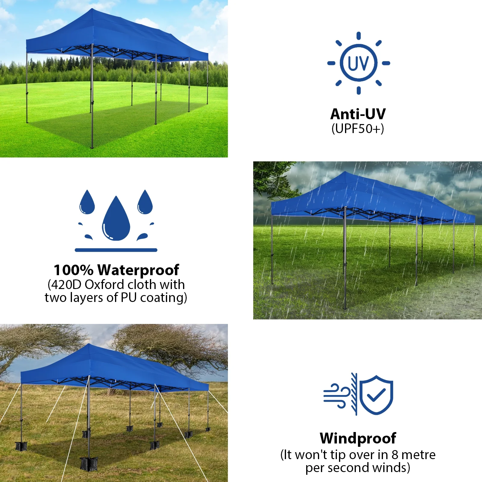 SANOPY 10x30 ft Pop up Outdoor Canopy Tent, Heavy Duty Canopy with 8 Wind Ropes, 3 Heigh Adjustable Gazebo Shelter with Wheeled Bag for Party