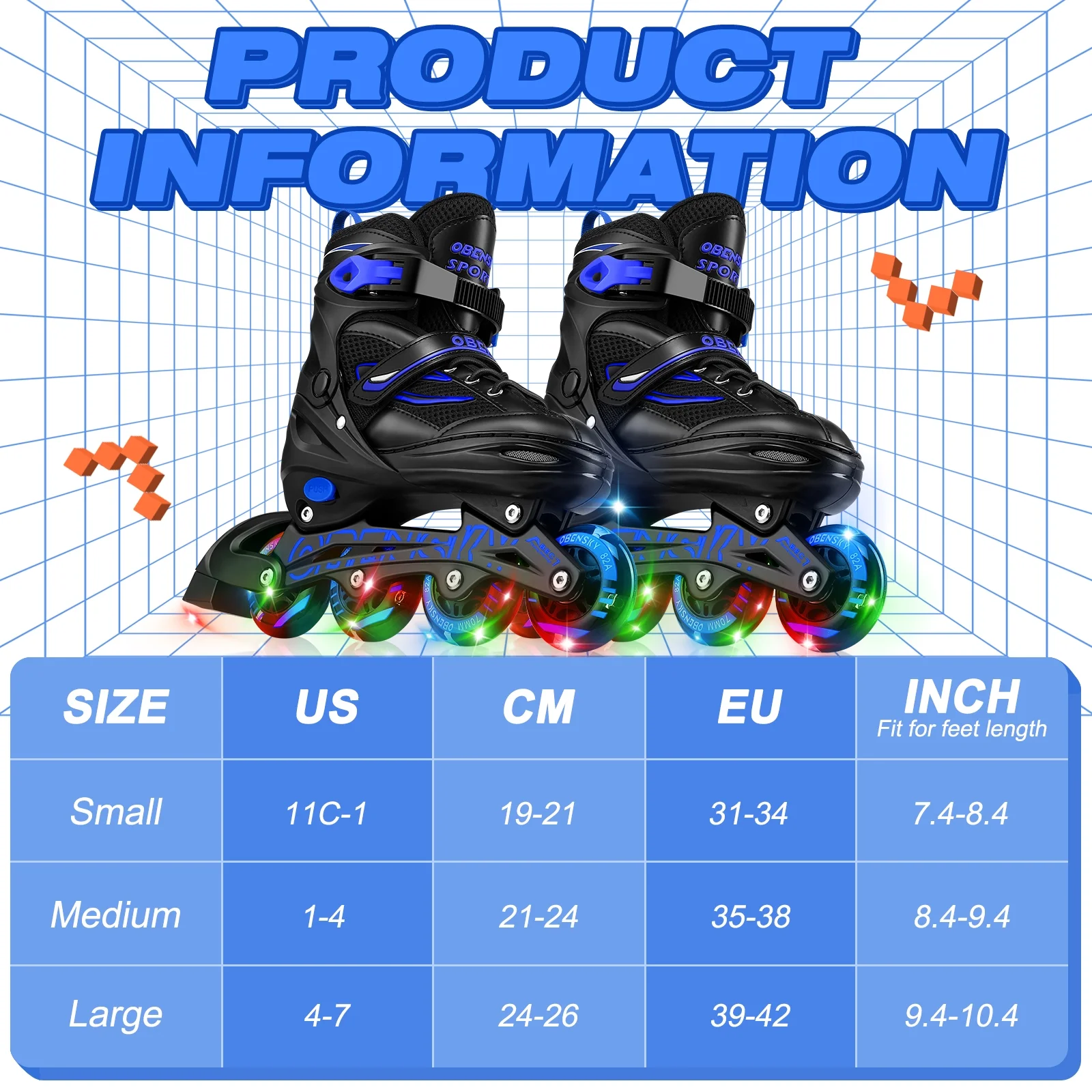 OBENSKY Adjustable Inline Skates, Illuminating Roller Blades for Kids, Boys& Girls Beginner w/ Light up Wheels-Blue - Curated Treasures Market
