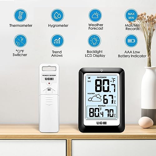 Indoor Outdoor Thermometer Wireless Weather Station, Internal External Thermometer Hygrometer