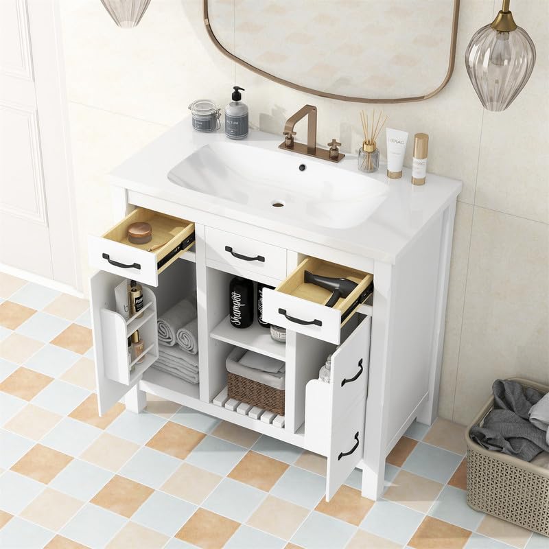 Bathroom Vanity with Sink, 36 inch Bathroom Vanity with Sink, Bathroom Sink Vanity with 3 Drawers and 2 Open Shelf, Built-in Soft Closing Door