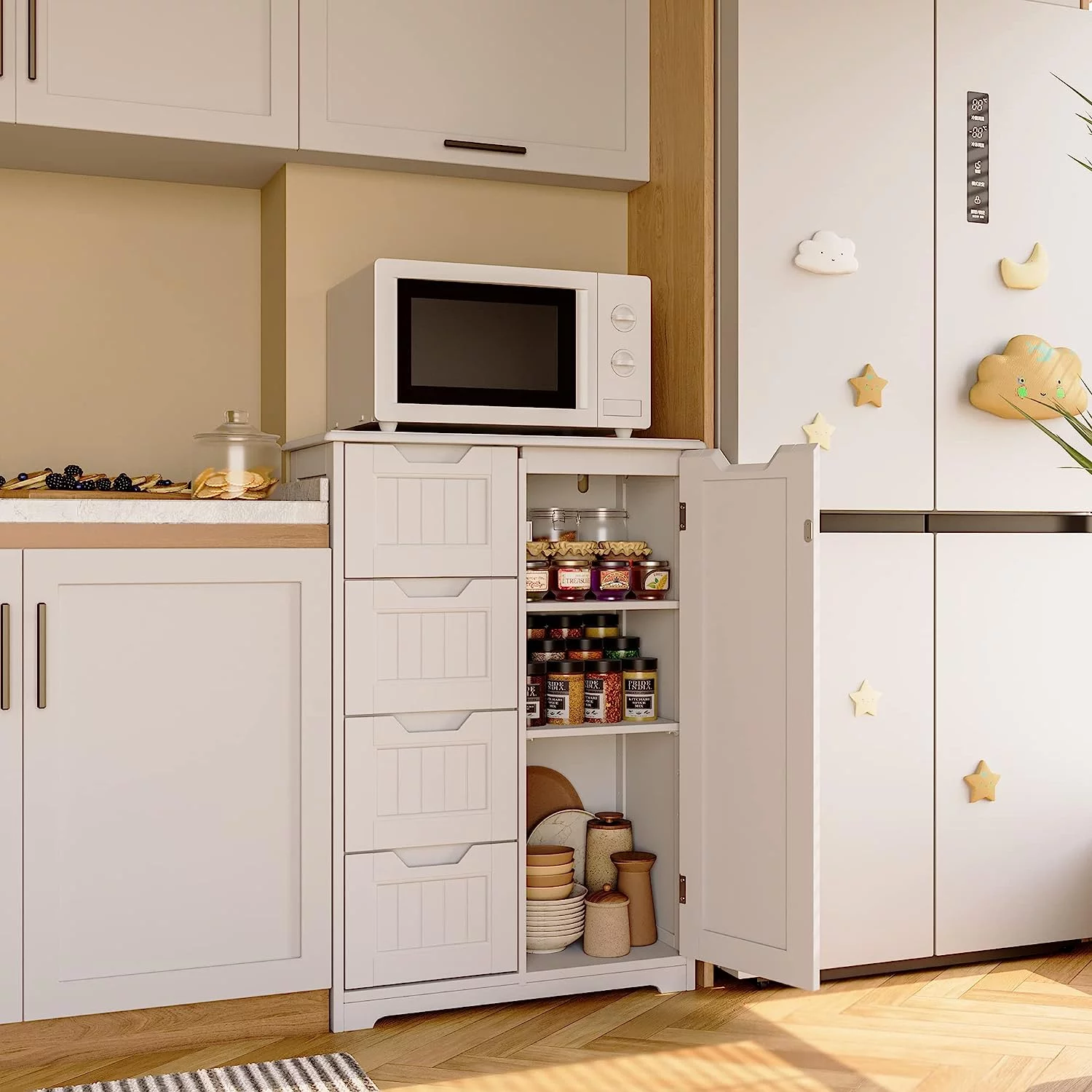 33" Small Kitchen Pantry Storage Cabinet with Door and Shelves, Pantry Cabinet Storage Cupboard