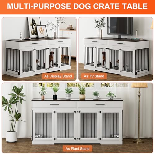 Rophefx 72" Dog Crate Furniture for 2 Dogs, Large Double Dog Kennel Indoor Furniture with 2 Storage Drawers and Removable Divider