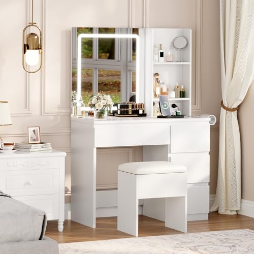 Vanity Desk with Mirror and Lights - Modern Makeup Dressing Table with Outlets, Storage Stool, 4 Drawers & Hair Dryer Holder