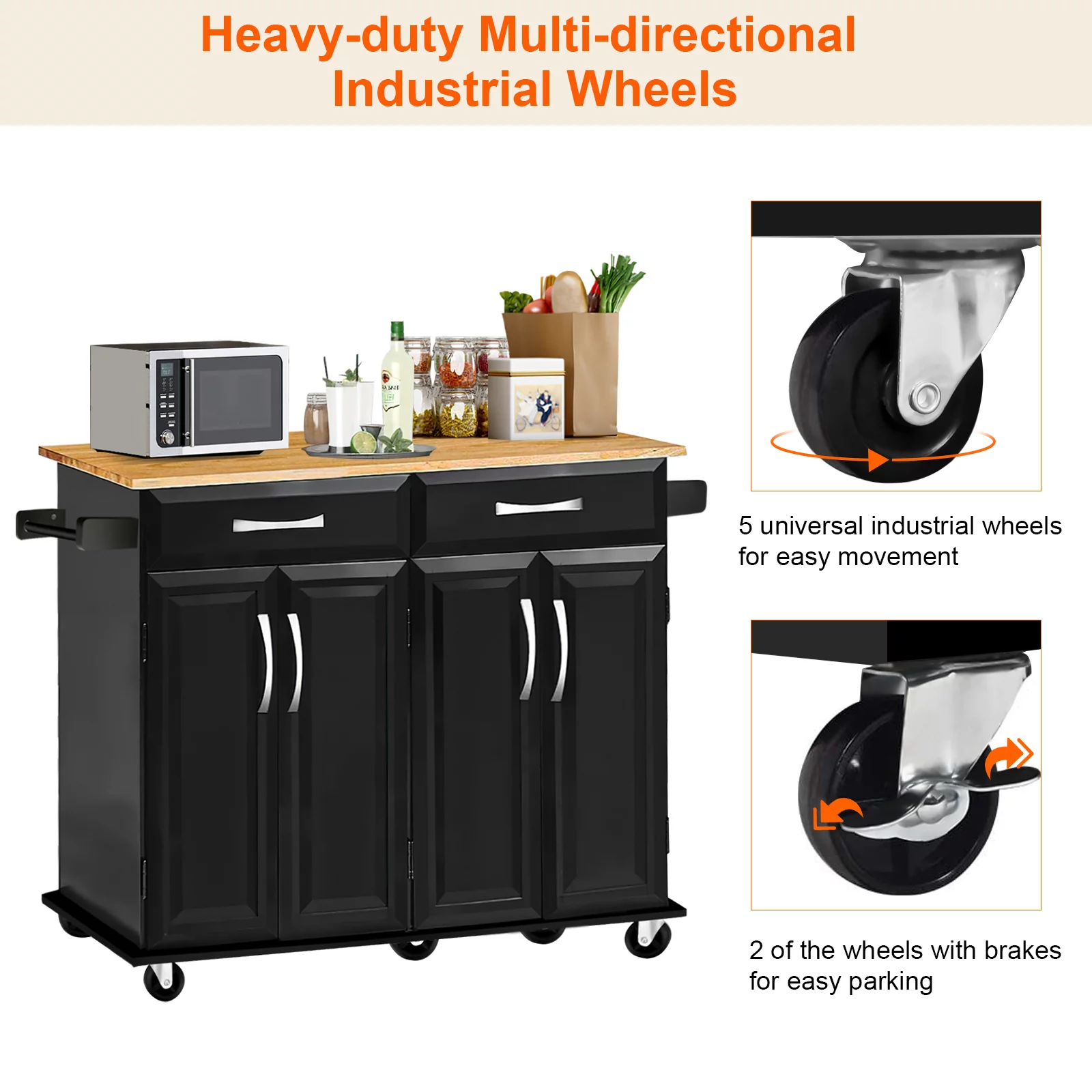 Codesfir Kitchen Island with Drawers and Large Storage Cabinet, Rolling Kitchen Serving Cart with Towel Holder Utility Trolley and Adjustable Shelves